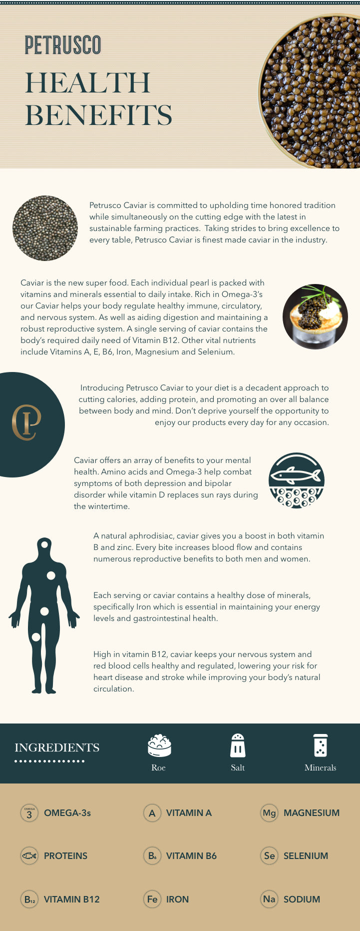 an infographic about Petrusco's caviar health benefits