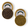 Load image into Gallery viewer, An overhead picture of Amur and Royal Ossetra caviar in open tins.