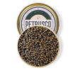 Load image into Gallery viewer, Petrusco Caviar gold and emerald tin partially hidden behind the full circle open tin of caviar displaying the fresh sturgeon roe