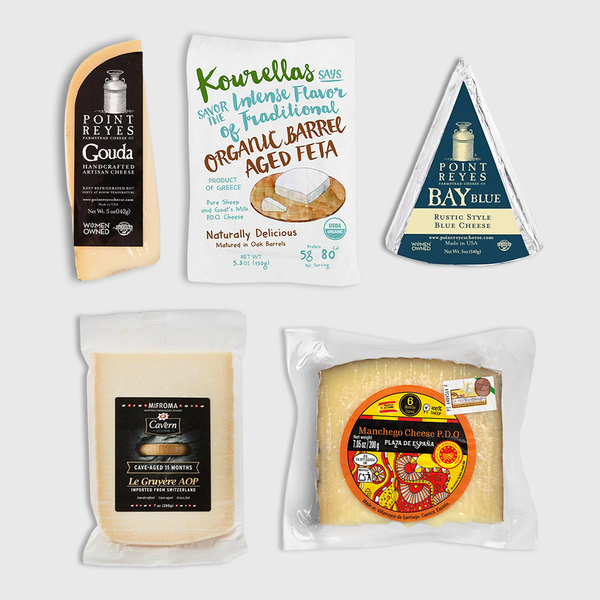Petrusco artisan cheese bundle featuring Point Reyes Gouda, Kourella's Organic Barrel Aged Feta, Point Reyes Bay Blue, Mifroma Cave-Aged Le Gruyère AOP, and Plaza de España Manchego P.D.O
