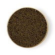 Load image into Gallery viewer, Open tin of Petrusco Caspian Ossetra Royal caviar with black and gold lid showing firm olive-green pearls.
