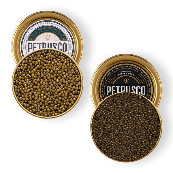 Two open Petrusco tins showing Royal Ossetra caviar with golden-green pearls and Caspian Ossetra Royal caviar with fine dark pearls, lids displaying branded labels