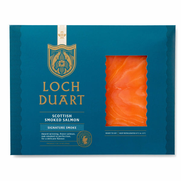 Loch Duart Scottish Smoked Salmon Signature Smoke in teal packaging with gold crest, ready to eat.