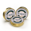 Load image into Gallery viewer, Three sealed Petrusco Caviar gold tins — River Beluga Hybrid, Royal Ossetra, and Sevruga — displayed at an angle on a white background.
