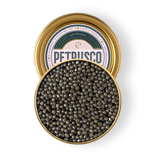 Open Petrusco Sevruga caviar tin showing small dark gray-green sturgeon pearls with branded lid