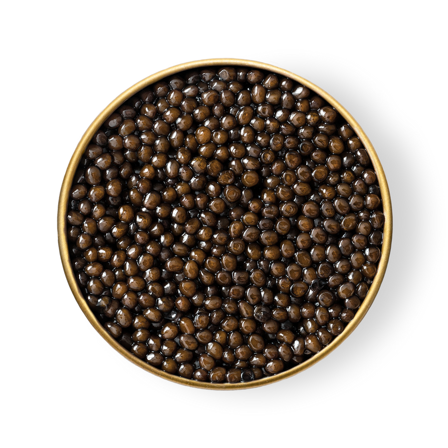 A close-up of Petrusco Amur caviar in an open tin.