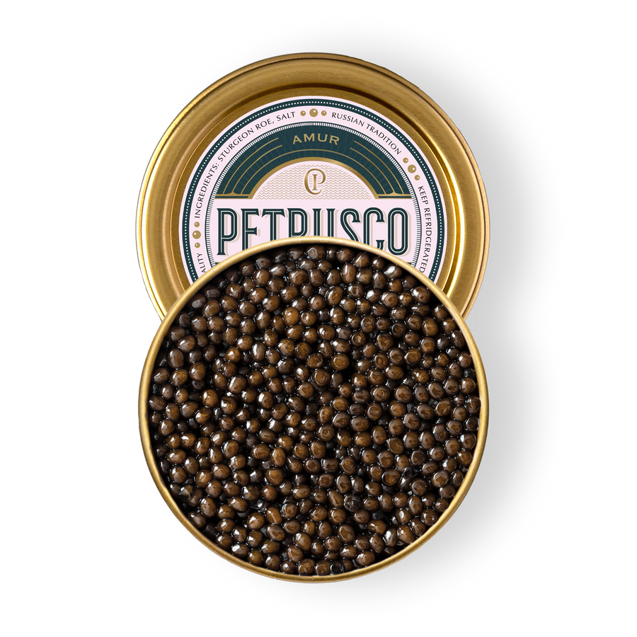 An overhead picture of Petrusco Amur caviar in an open tin.