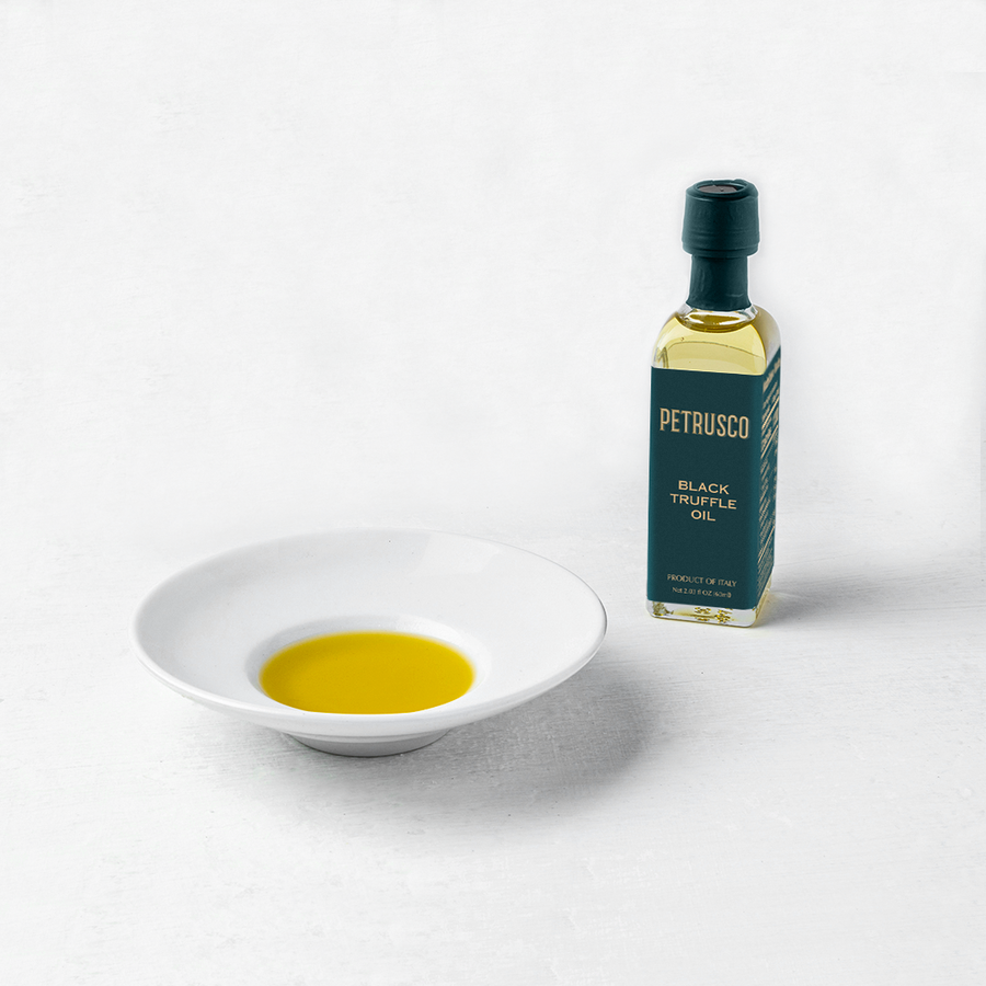 Petrusco Black Truffle Oil in a bottle and dish
