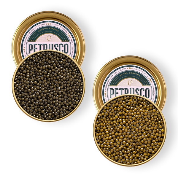 Royal Ossetra and Ossetra Reserve caviar in open tins.