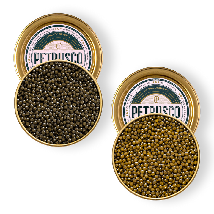 Royal Ossetra and Ossetra Reserve caviar in open tins.