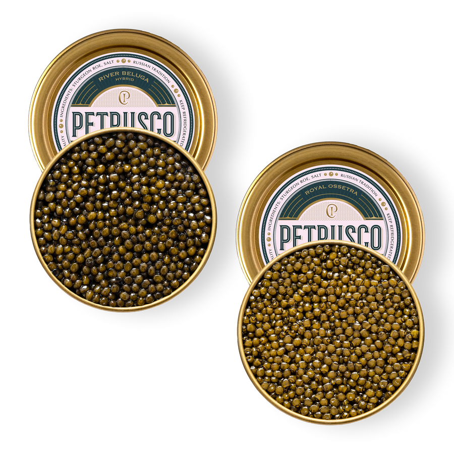 Royal Ossetra and River Beluga Hybrid caviar in open tins.