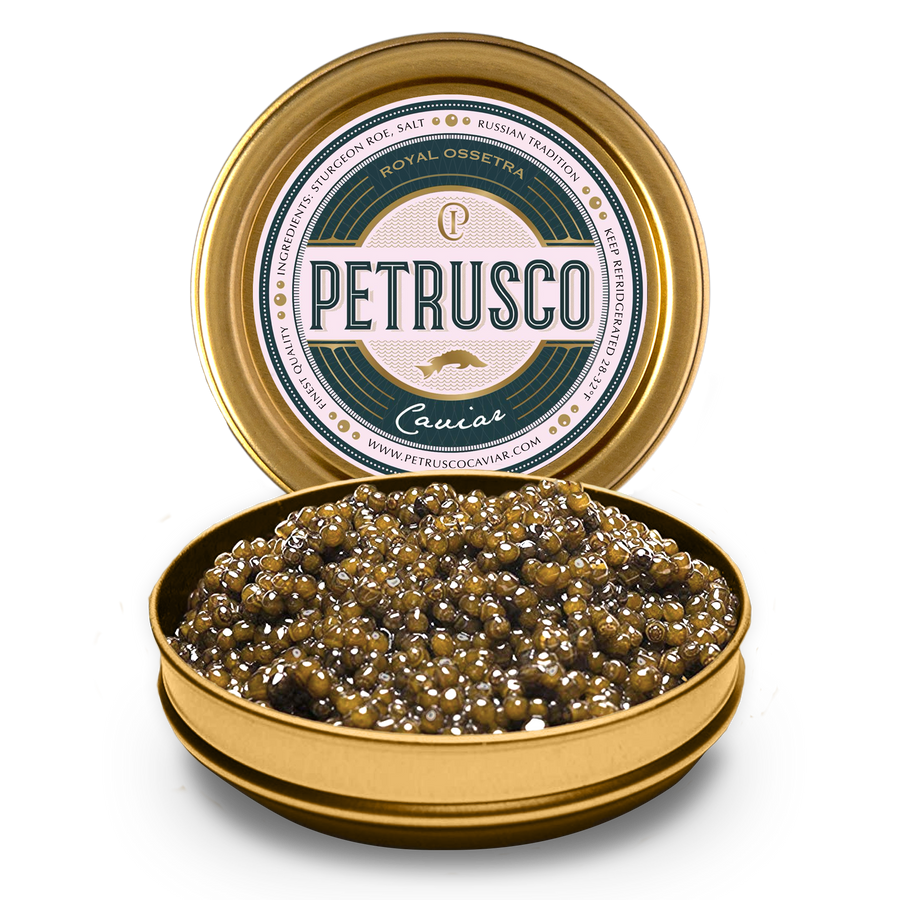 Petrusco Royal Ossetra caviar in an open tin with the lid behind it.