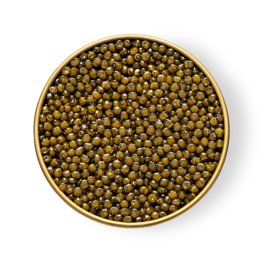 A close up of Petrusco Royal Ossetra caviar in an open tin.