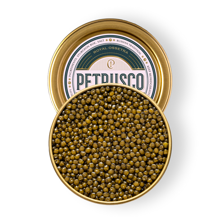 An overhead picture of Petrusco Royal Ossetra caviar in an open tin.