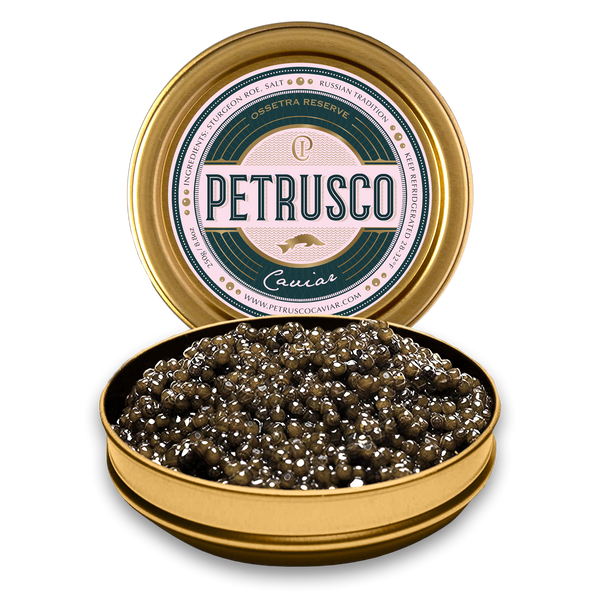 Petrusco Ossetra Reserve caviar in an open tin 