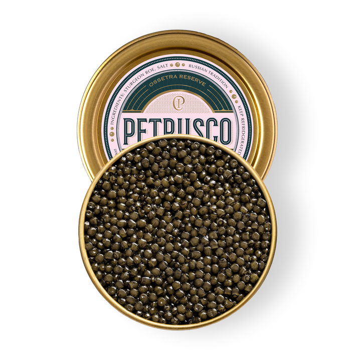 An overhead picture of Petrusco Ossetra Reserve caviar in an open tin.