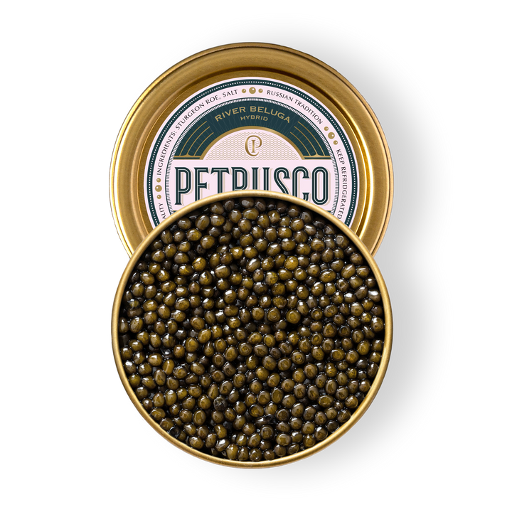 An overhead picture of Petrusco River Beluga Hybrid caviar in an open tin