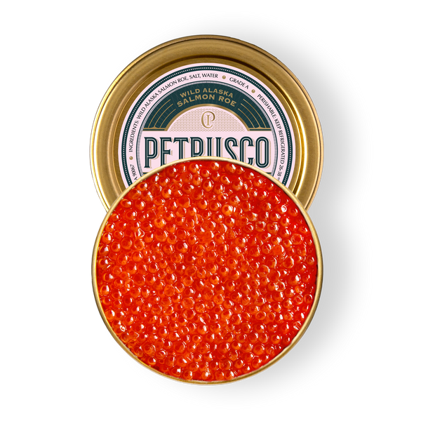 An overhead picture of Petrusco Wild Alaska Salmon Roe in an open tin.