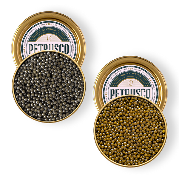 Royal Ossetra and Sevruga caviar in open tins.