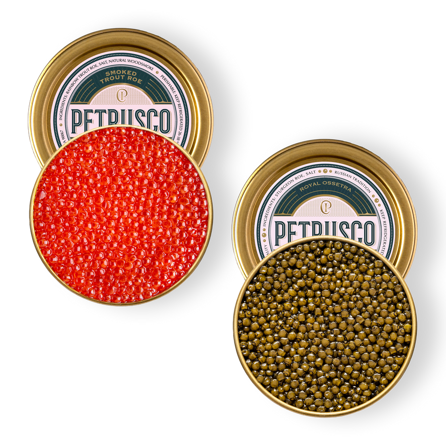 An overhead picture of Petrusco Smoked Trout Roe and Royal Ossetra caviar in open tins.