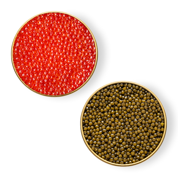 Close-up image of Petrusco Smoked Trout Roe and Royal Ossetra caviar.