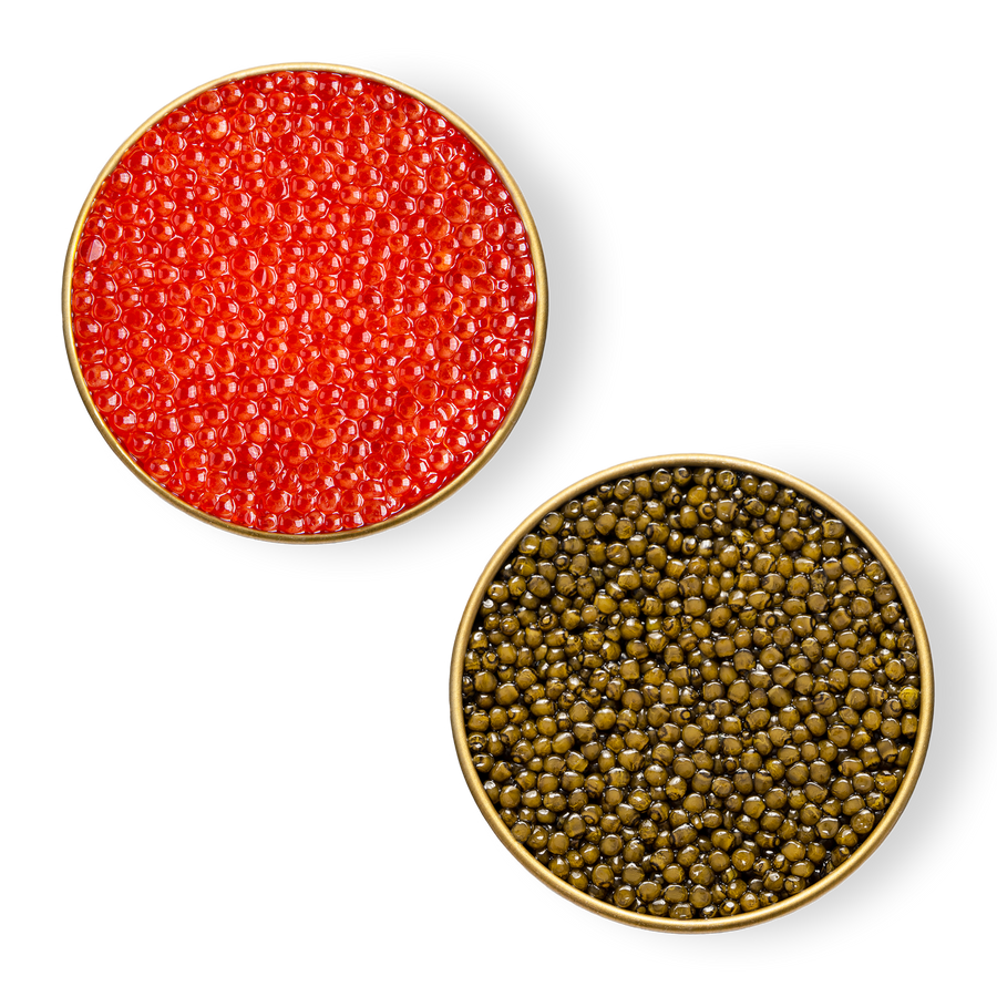 Close-up image of Petrusco Smoked Trout Roe and Royal Ossetra caviar.