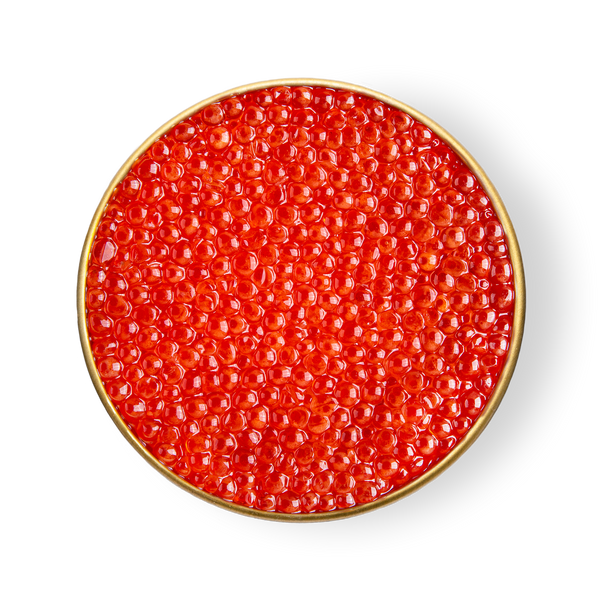 A close up of Petrusco Smoked Trout Roe in an open tin.