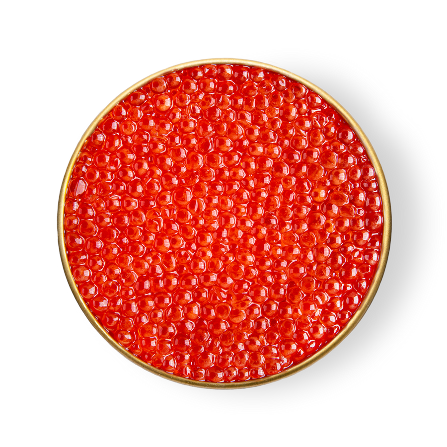 A close up of Petrusco Smoked Trout Roe in an open tin.