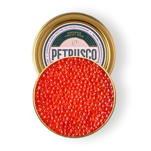 An overhead picture of Petrusco Smoked Trout Roe in an open tin.