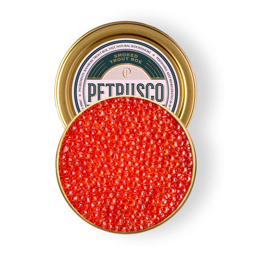 An overhead picture of Petrusco Smoked Trout Roe in an open tin.