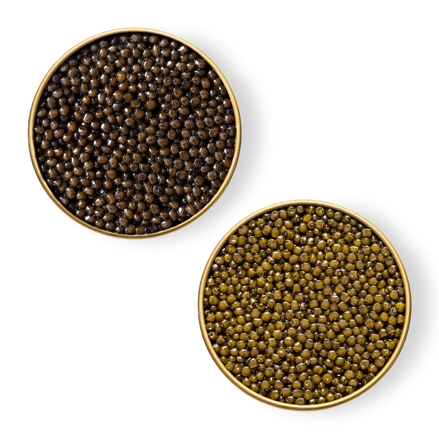 A close up of Amur and Royal Ossetra caviar in open tins.