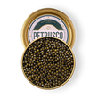 Load image into Gallery viewer, Open Petrusco River Beluga Hybrid caviar tin showing large olive-green sturgeon pearls with branded lid.
