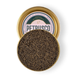 Load image into Gallery viewer, Open tin of Petrusco Imperial Beluga Hybrid caviar showing firm grey-brown pearls on a white background
