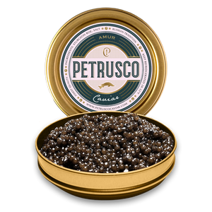 Petrusco Amur Caviar is a gold and emerald tin displayed
 