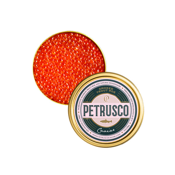 Petrescu Caviar Smoked Trout Roe in gold and emerald tin displaying fresh rainbow trout roe 