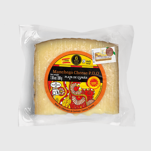Manchego cheese P.D.O. package with a colorful label on a white background