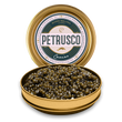 Load image into Gallery viewer, Petrusco River Beluga Hybrid caviar tin open at an angle with branded lid displaying large golden-green pearls.
