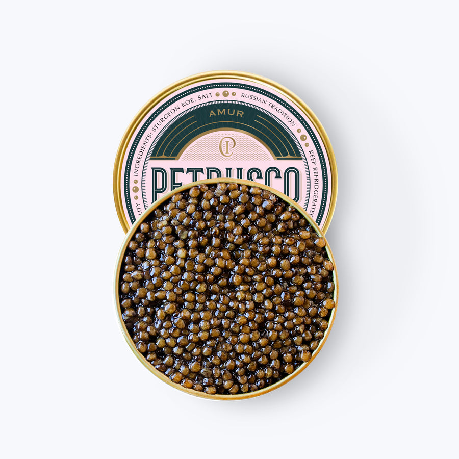 Petrusco Hybrid River Beluga tin with label partially covered on white background