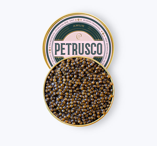 opened tin of Petrusco river beluga hybrid caviar on white background displaying sturgeon roe