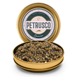 Load image into Gallery viewer, Open Petrusco Royal Ossetra caviar tin showing golden-green sturgeon pearls with branded lid
