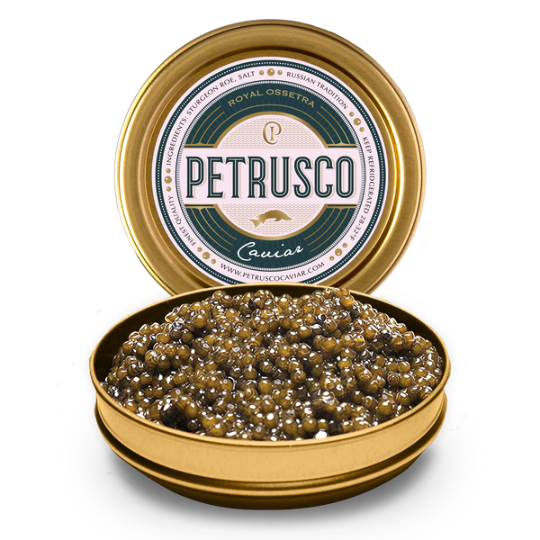 Open Petrusco Royal Ossetra caviar tin showing golden-green sturgeon pearls with branded lid