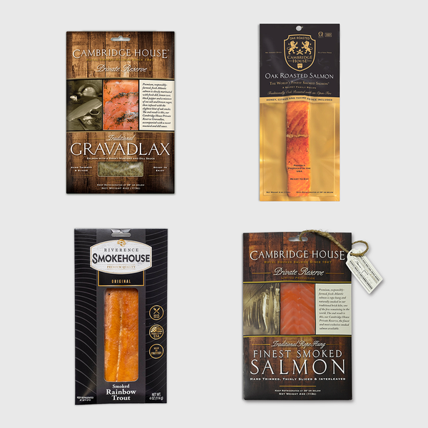 Petrusco seafood bundle featuring Cambridge House Gravadlax, Oak Roasted Salmon, Finest Smoked Salmon, and Riverence Smoked Rainbow Trout.