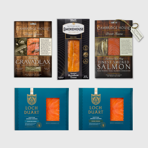 Petrusco premium seafood bundle featuring Cambridge House Gravadlax, Smoked Salmon, Riverence Smoked Rainbow Trout, and two Loch Duart Scottish Smoked Salmon varieties