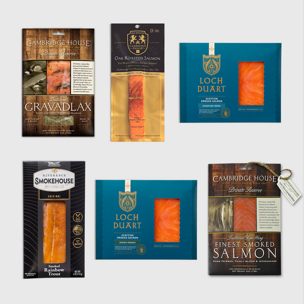 Petrusco complete seafood bundle featuring Cambridge House Gravadlax, Oak Roasted Salmon, Finest Smoked Salmon, Riverence Smoked Rainbow Trout, and Loch Duart Signature Smoke and Double Smoked Scottish Salmon