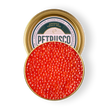 Load image into Gallery viewer, Overhead view of vibrant red smoked trout roe in an open gold tin.

