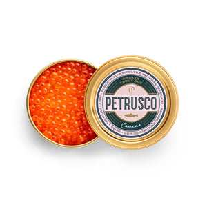 Petrusco Caviar emerald and gold tin partially displaying natural woodsmoke rainbow trout roe hors d'oeuvres