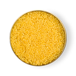 Load image into Gallery viewer, Open tin of Petrusco Almas Albino Sterlet caviar with black and gold lid resting on the rim, revealing golden pearls.
