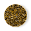 Load image into Gallery viewer, Open tin of Petrusco Royal Ossetra caviar with branded lid showing large golden-olive pearls.

