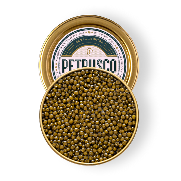 Open tin of Petrusco Royal Ossetra caviar showing glossy golden-olive pearls on a white background