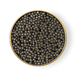 Load image into Gallery viewer, Open tin of Petrusco Sevruga caviar with branded gold lid displaying fine dark grey pearls.
